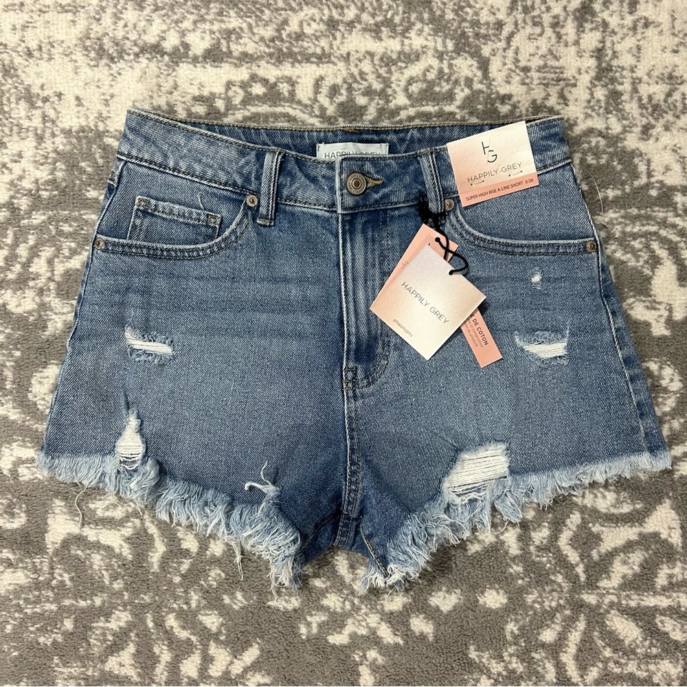 Happily Grey Denim Super High Rise A-Line Distressed Frayed Hem Shorts NWT 3/26